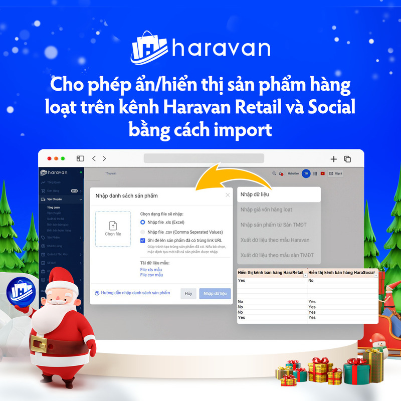 Cho phép ẩn/hiển thị sản phẩm hàng loạt trên kênh Haravan Retail và Social bằng cách import