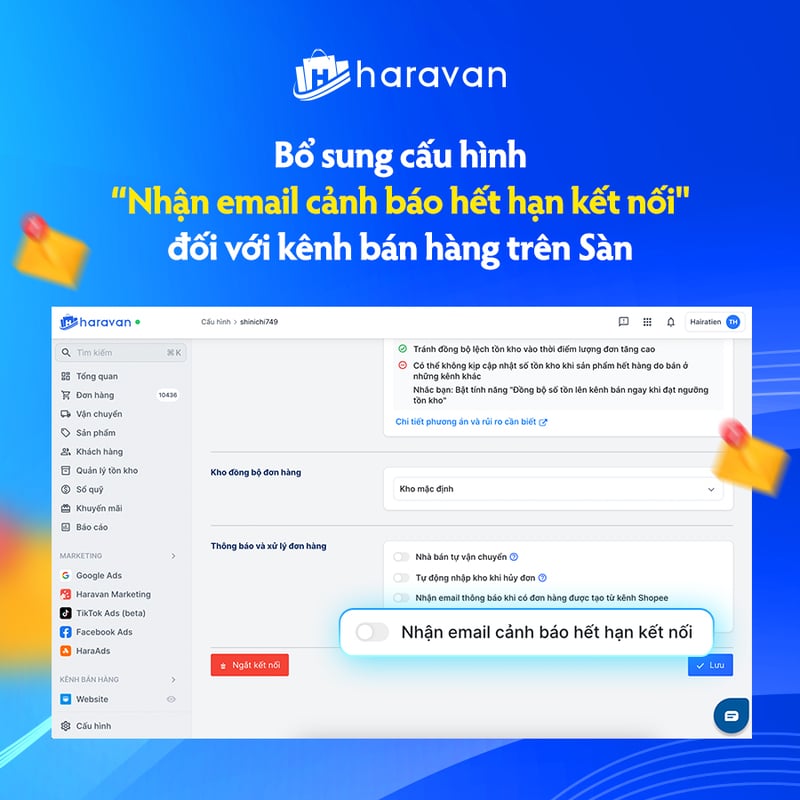 Haravan bổ sung cấu hình “Nhận email cảnh báo hết hạn kết nối