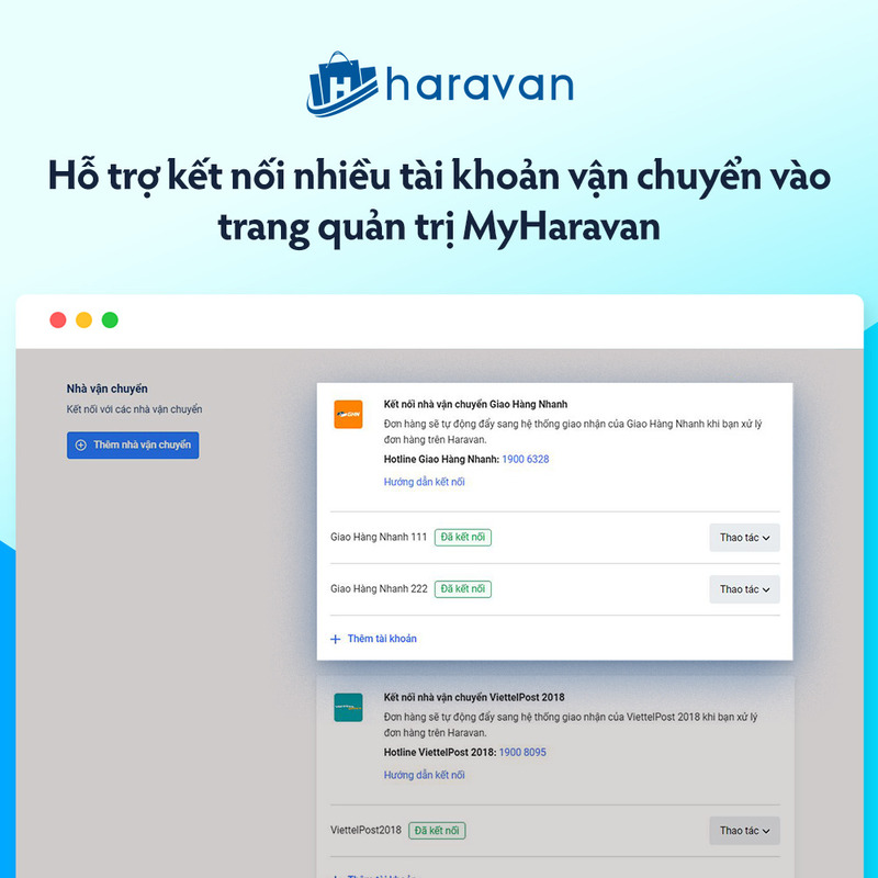 Hỗ trợ kết nối nhiều tài khoản vận chuyển vào trang quản trị MyHaravan