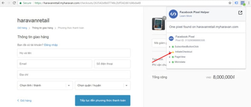 Tự động kích hoạt event InitiateCheckout khi khách đến trang thông tin thanh toán