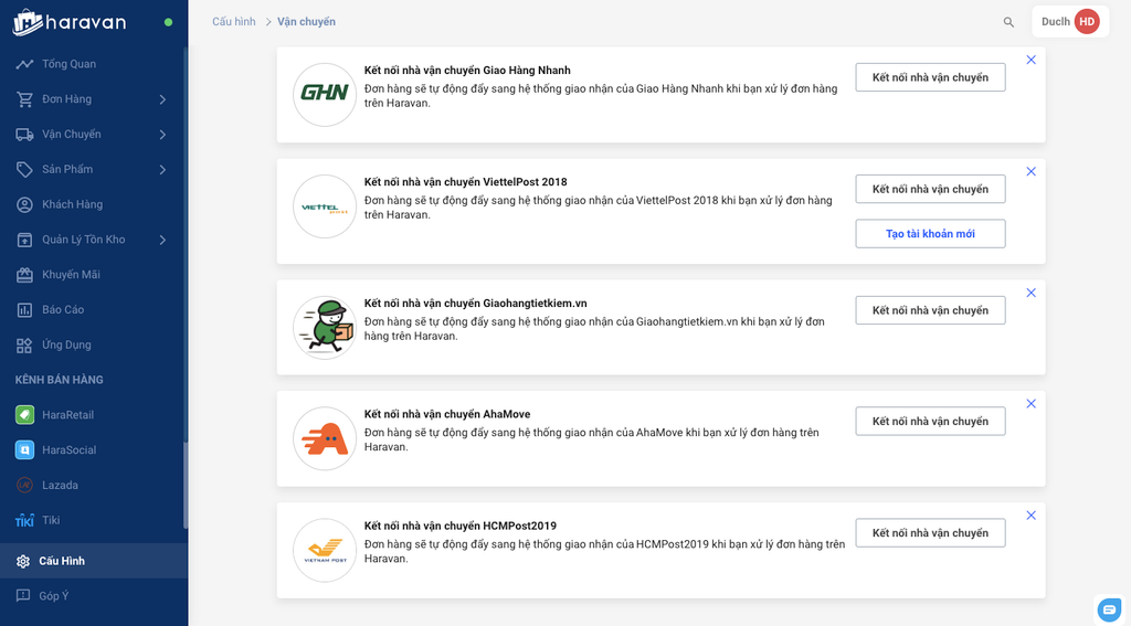 Hararetail dễ dàng kết nối với hơn 8 Hãng vận chuyển lớn 
