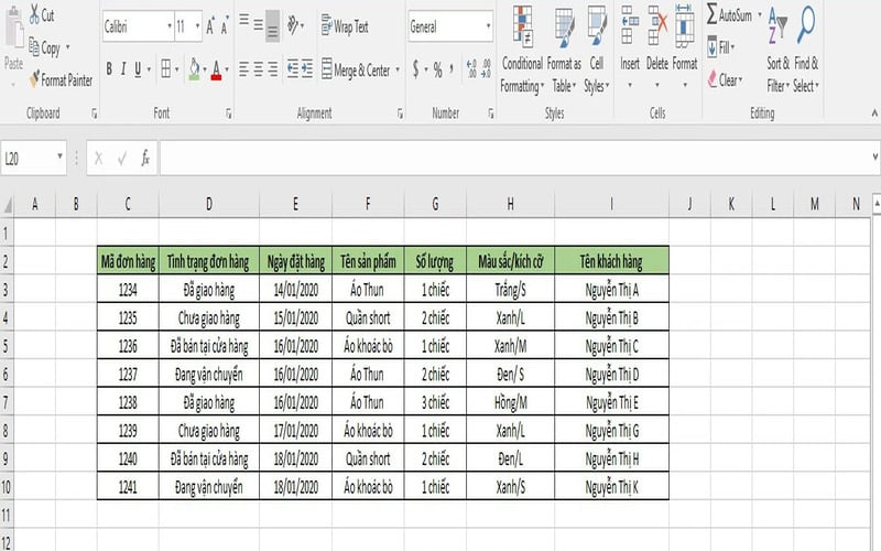 File Excel quản lý đơn hàng cung cấp toàn bộ thông tin về tình trạng của mỗi đơn hàng