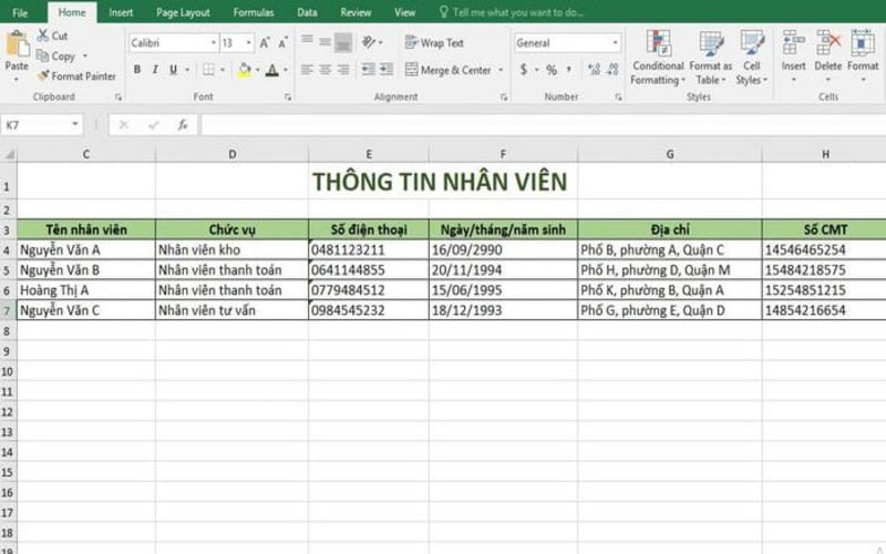 Thông tin cá nhân của nhân viên cũng có thể lưu trữ trên file Excel quản lý nhân sự