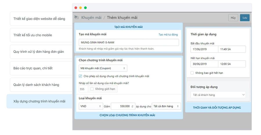 Dễ dàng tạo chương trình khuyến mãi giúp tăng đơn hàng hiệu quả