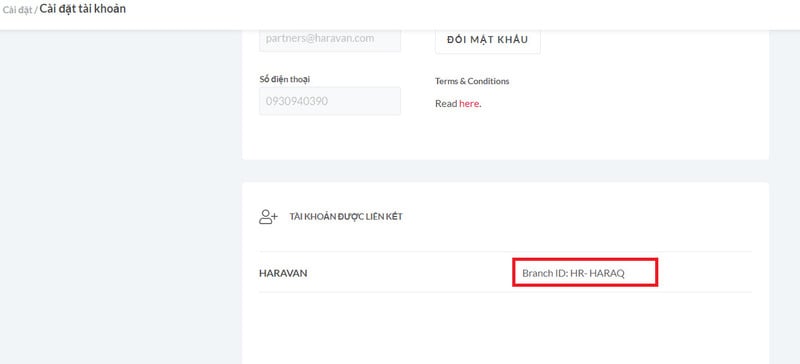 Tại khu vực Tài khoản được liên kết, sao chép Branch ID Haravan liên kết