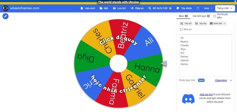 Phần mềm quay số may mắn online Wheel of names