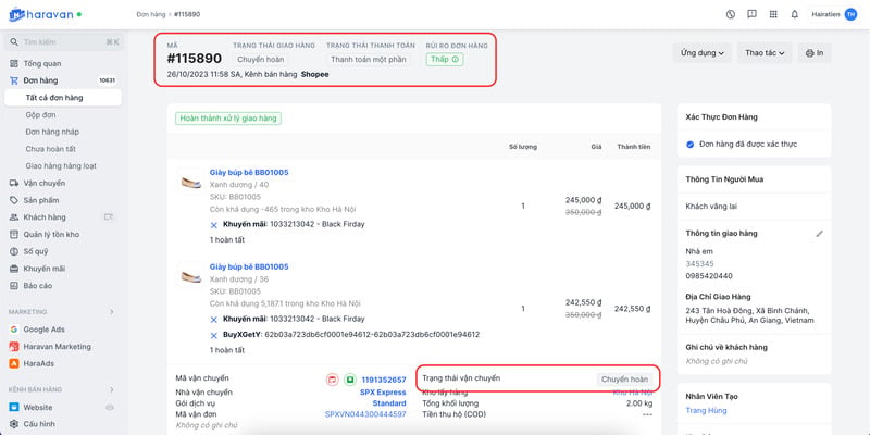 Haravan cập nhật trạng thái vận đơn là Chuyển hoàn khi có đơn hàng bị huỷ trên Shopee