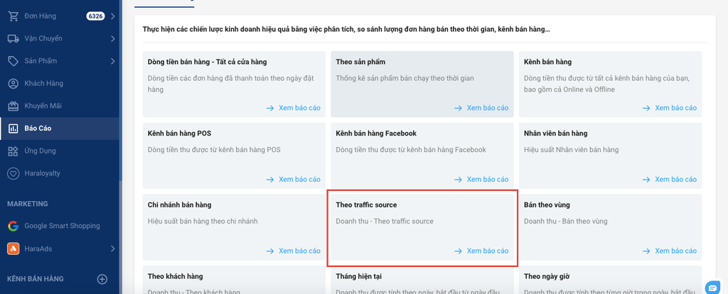 Báo cáo nguồn đơn hàng theo traffic