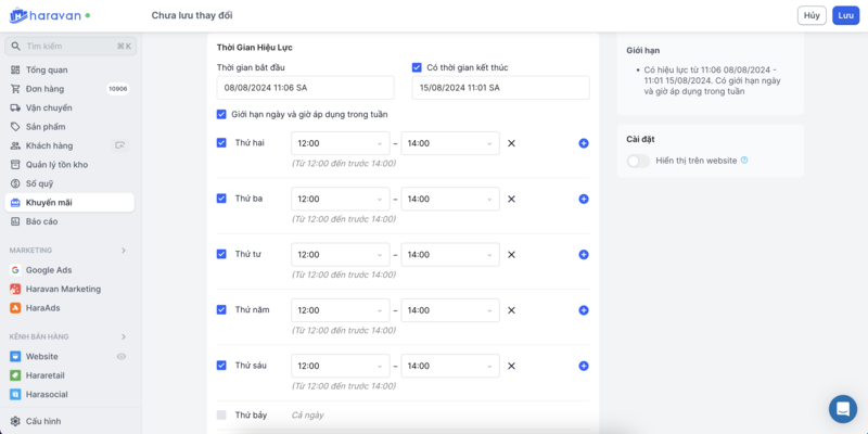 Với Haravan, nhà bán hàng có thể tạo chương trình Flash sale với nhiều tùy chọn thời gian