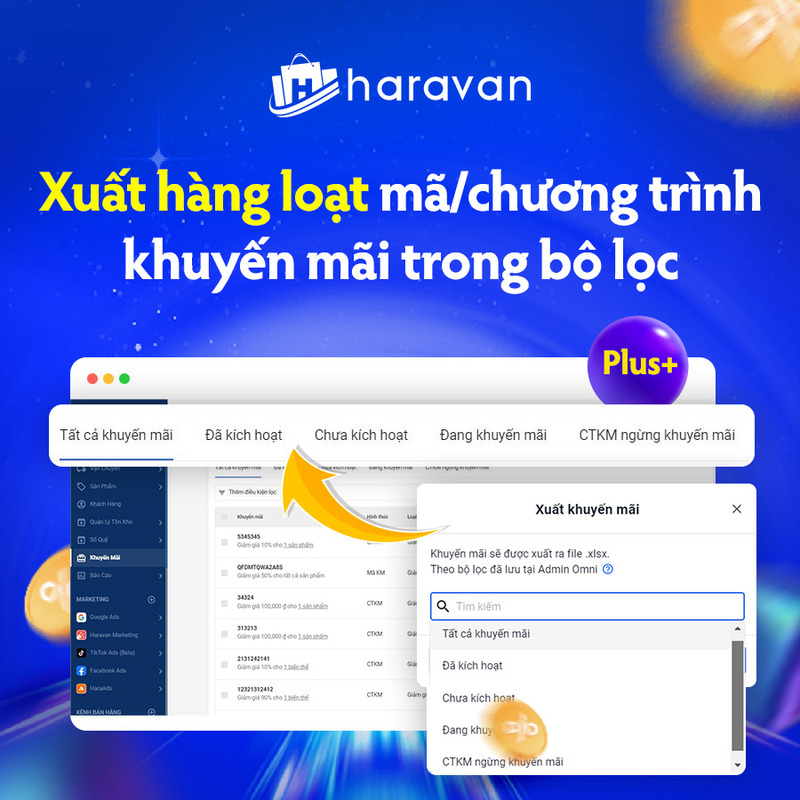 Xuất hàng loạt các mã/chương trình khuyến mãi trong bộ lọc tại MyHaravan ra file excel