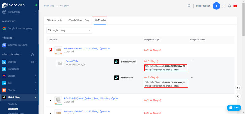 Kiểm tra lỗi đồng bộ sản phẩm TikTok Shop tại Haravan