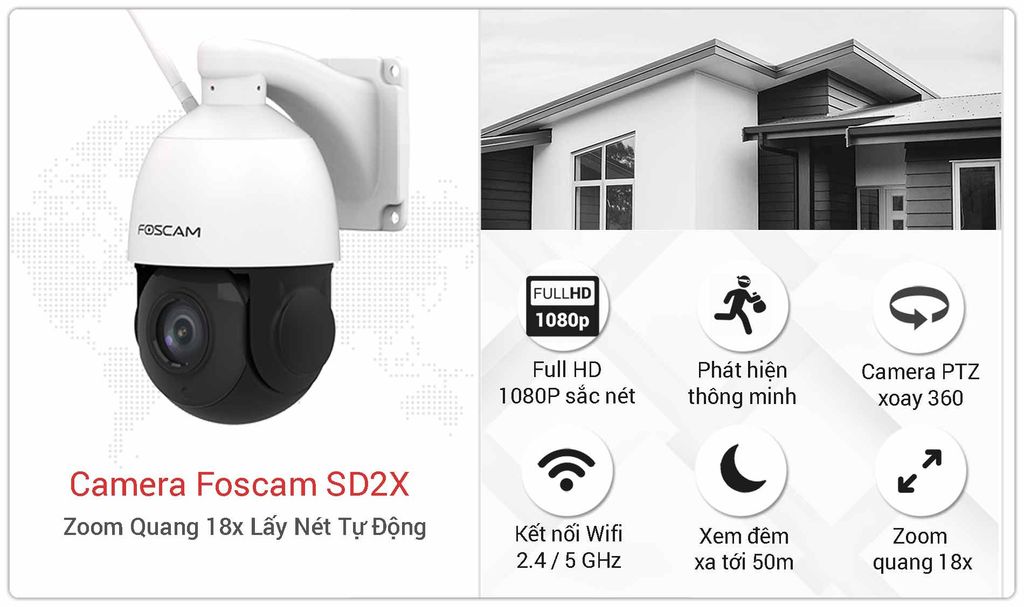 Camera Foscam Ngoài Trời SD2X Zoom Quang 18x Lấy Nét Tự Động