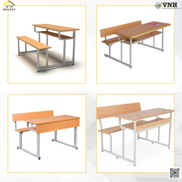 Mẫu khung bàn ghế học sinh tiểu học dạng bàn ghế liền của Hoa Đạt có thiết kế hộc bàn với vách ngăn chia làm hai phần
