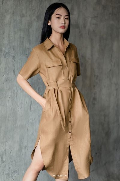 Đầm suông kẻ sọc cổ sơ mi Linen kèm đai thắt eo, chất vải linen tự nhiên,  thời trang phong cách Hàn Da73 mẫu đẹp, giá tốt