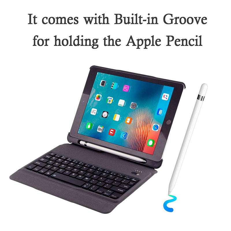 Bàn phím Bluetooth có đèn kèm bao da slim có thể tách rời và khay đựng bút pencil cho iPad 9.7 2018 Promax BLED(Màu đen)