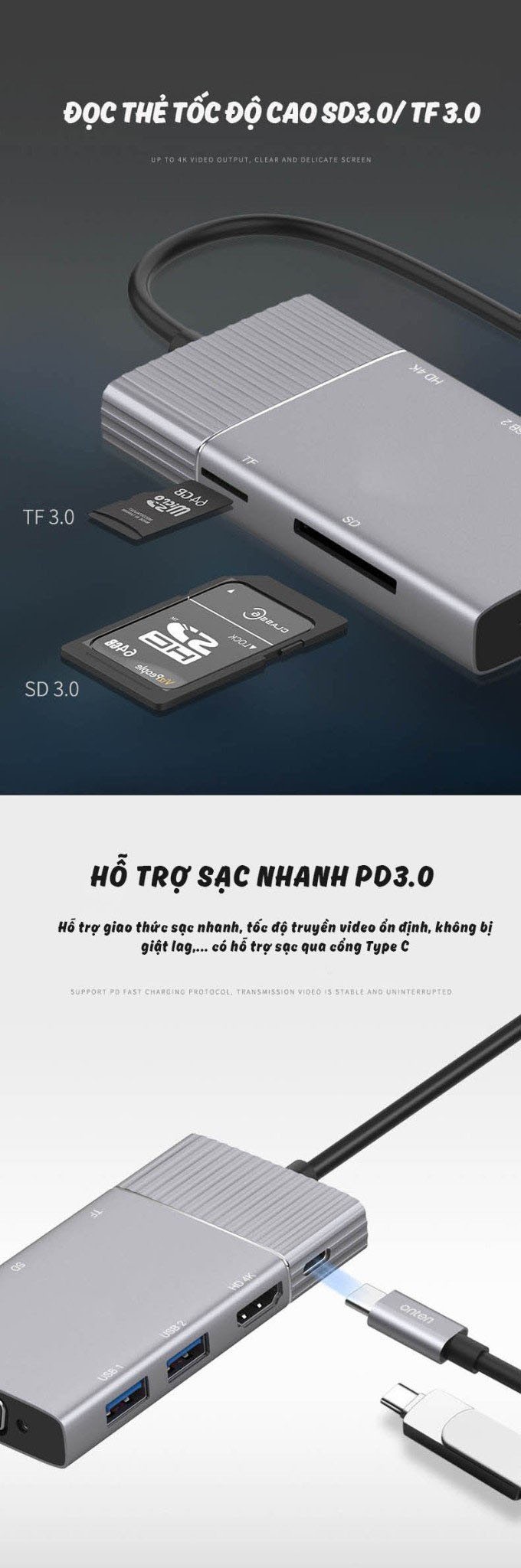 Bộ Dock chuyển Type C 6 trong 1 Aturos OT 951(HDMI 4K, VGA, HUB USB, khe thẻ nhớ SDTF,cổng sạc PD)