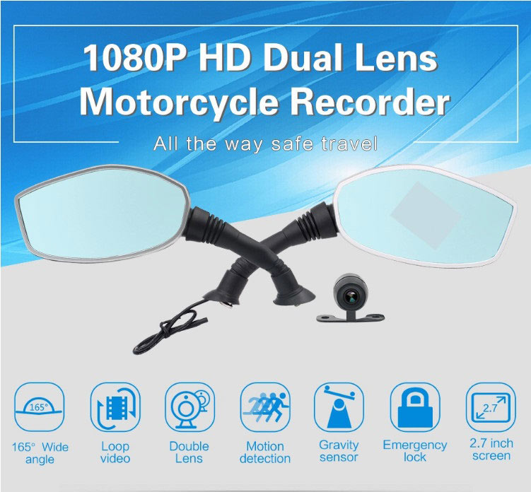 Gương chiếu hậu tích hợp camera hành trình 1080p HD 2 chiều 2.7 inch cho xe Mô tô