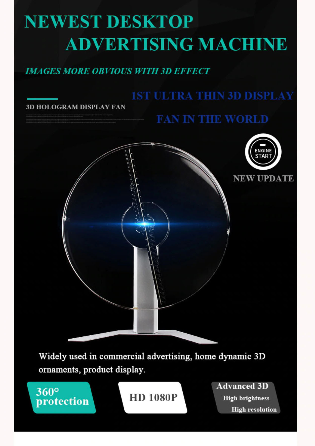 Quạt đèn LED 3D Hologram Aturos ZZ43 cánh quạt dài 43cm, độ phân giải 1080p, 388 đèn, góc 170 độ (kèm chân đế và khung bảo vệ mica)