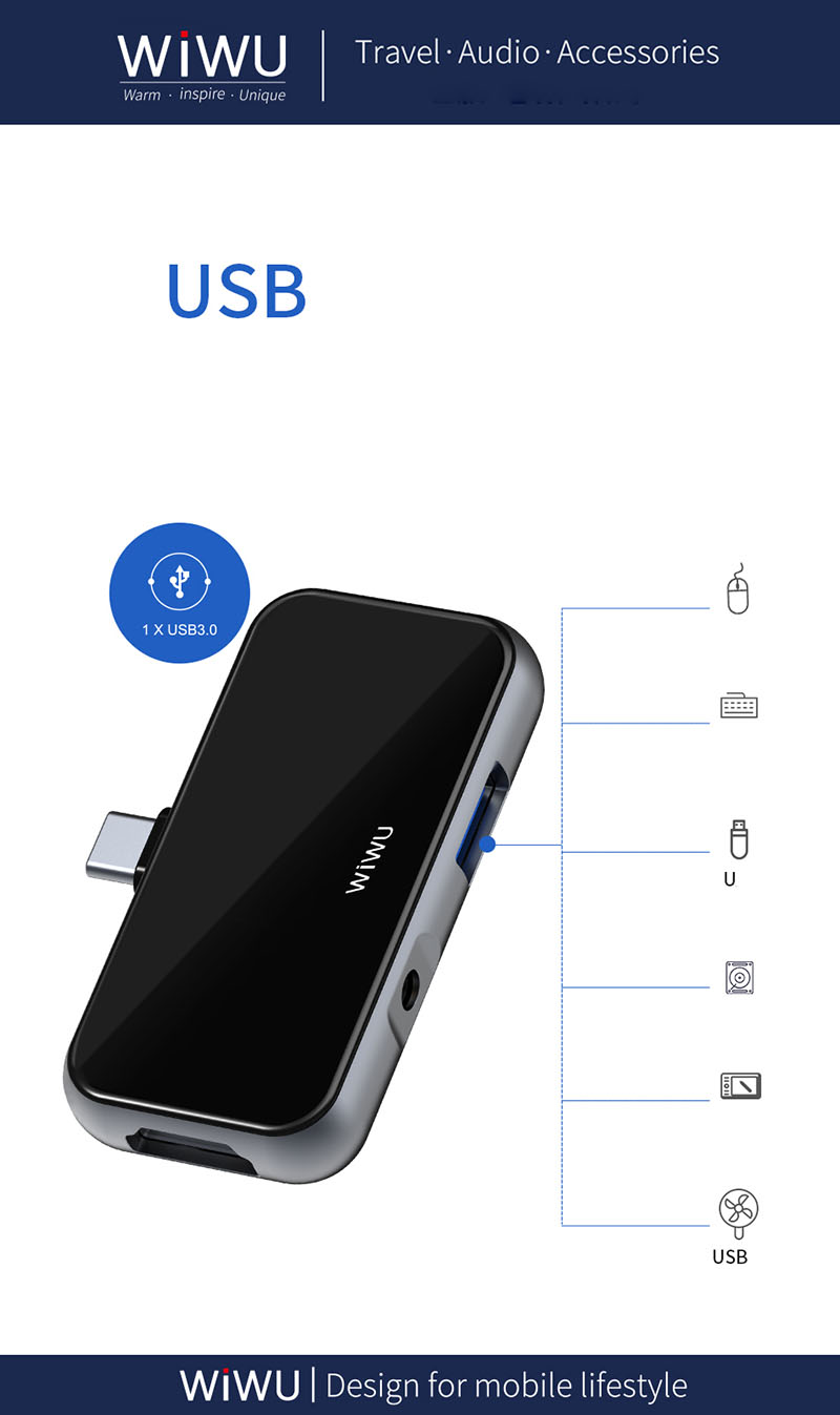 Dock hub mở rộng đầu Type C sang USB 3.0, HDMI, sạc nhanh PD, Jack 3.5 WIWU Alpha 4in1 USB-C Hub T5 Pro