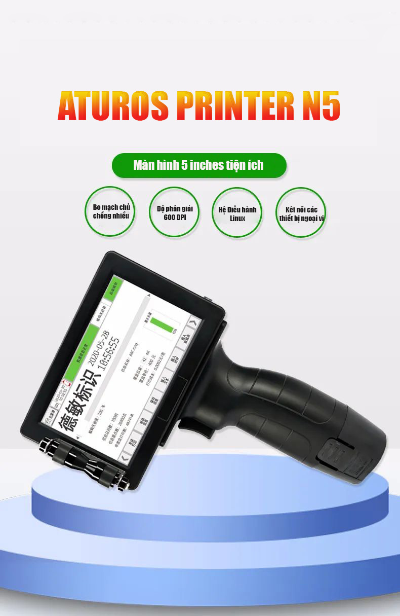 Máy in date mini cầm tay thế hệ mới Aturos N5 (in date, in logo, mã vạch barcode, QR, 600DPI, có tiếng Việt, kết nối chuột và bàn phím))