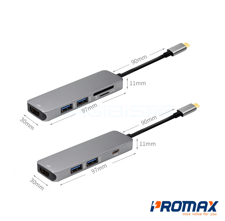 Dock Hub đa năng 5 trong 1 với Type C, HDMI, USB 3.0, đầu đọc thẻ, sạc nhanh cho Macbook, HP Pavilon, Notebook, Lenovo