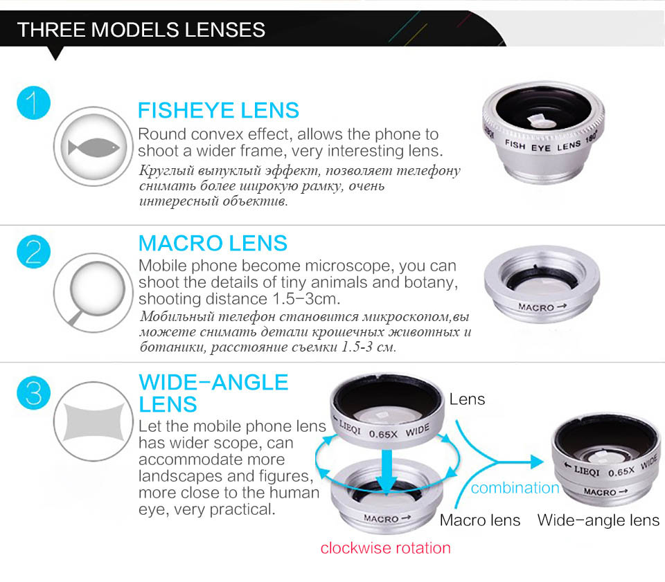 Bộ kính lens cho điện thoại góc rộng, fisheye, macro 3 trong 1 Aturos Universal Clip Lens