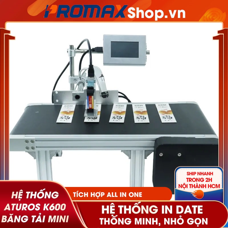 Hệ thống in date băng chuyền Aturos K600 mini băng tải mini, in date, in mã vạch, số lô trên mọi chất liệu