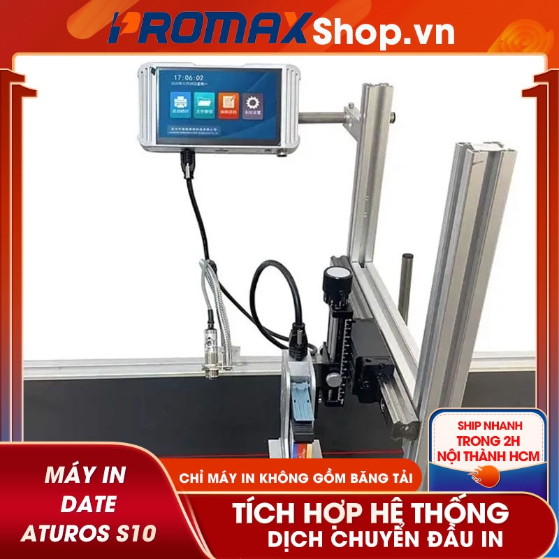 Máy in date băng chuyền Aturos S10 tích hợp hệ thống dịch chuyển đầu in