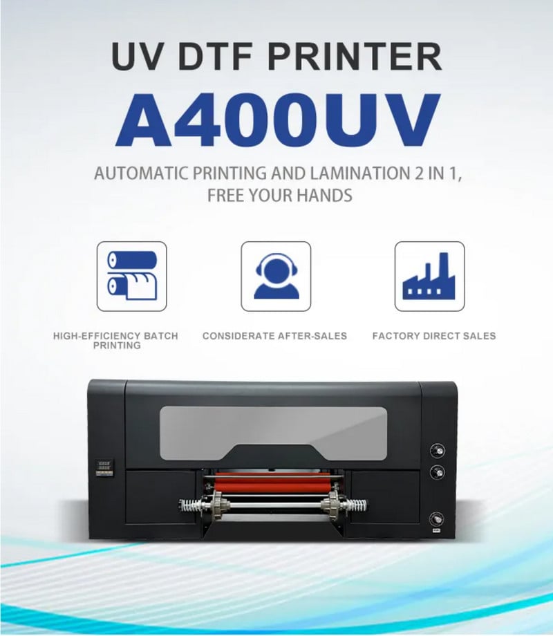 Máy in Decal 3D UV DTF Aturos UV400 in AB, tự phun keo, cán màn tự động, hỗ trợ in nhũ kim loại, 2 đầu in TX800, main Hoson