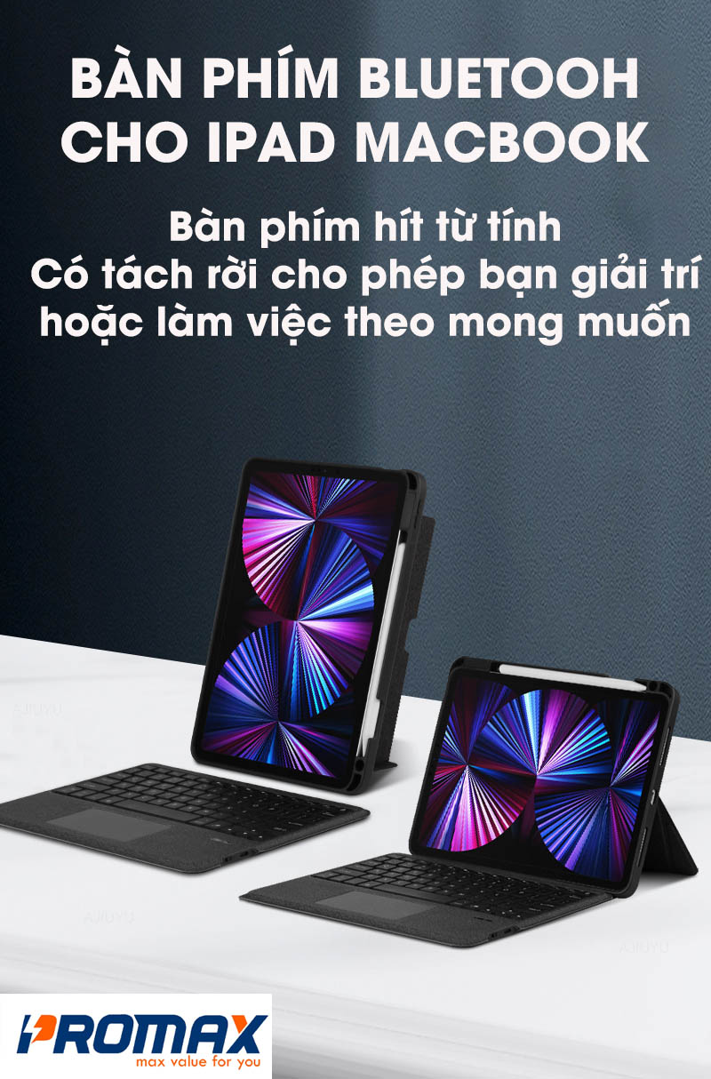 Bàn phím Bluetooth kèm bao da cho iPad 12.9 Aturos YJ129 (có Touchpad, giá đỡ, đèn LED, có thể tháo rời