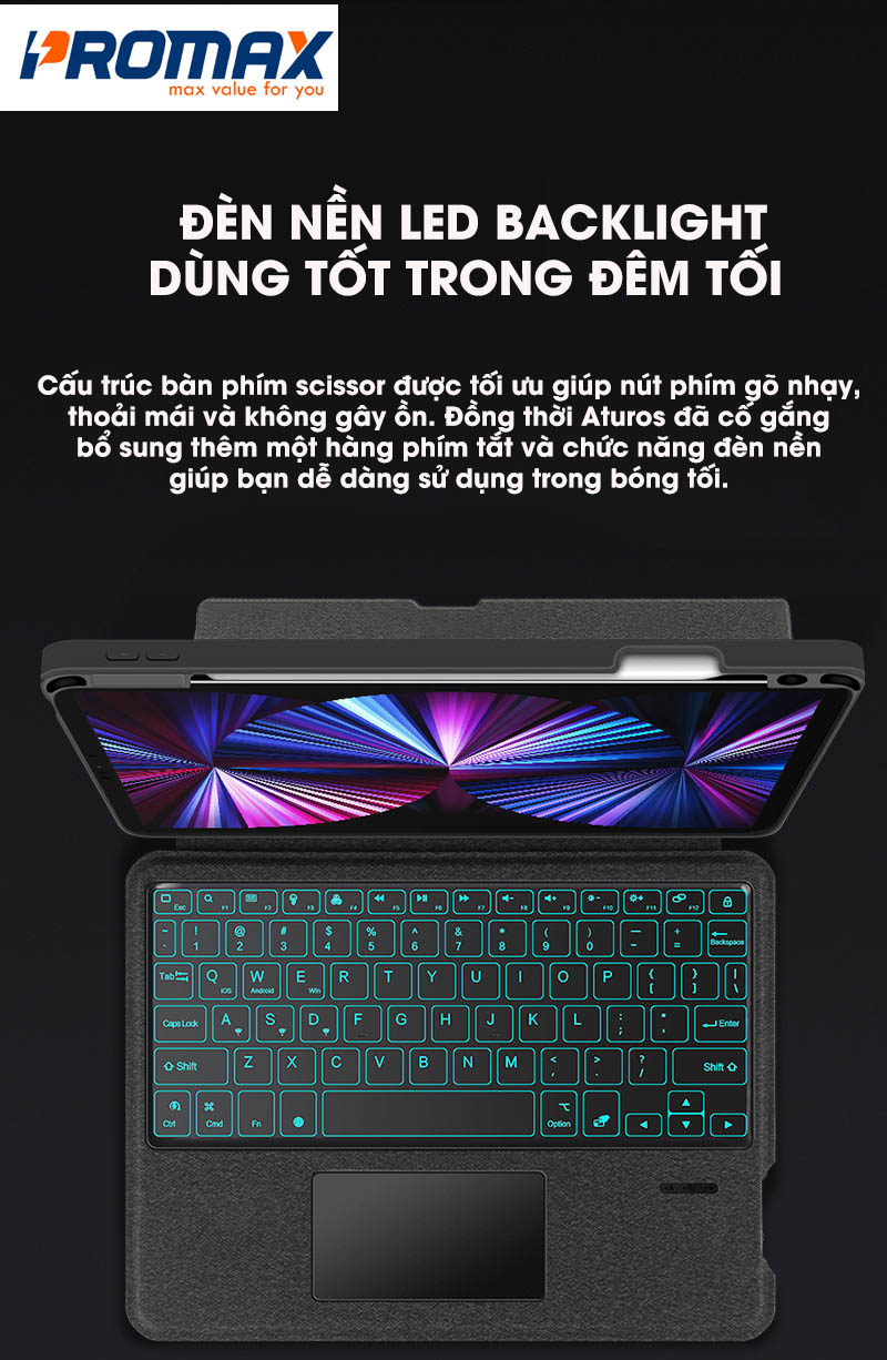 Bàn phím Bluetooth kèm bao da cho iPad 12.9 Aturos YJ129 (có Touchpad, giá đỡ, đèn LED, có thể tháo rời)