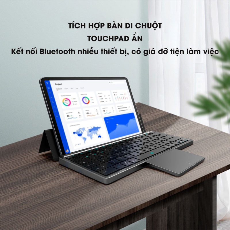 Bàn phím gập Aturos KF8700 tích hợp touchpad, giá đỡ từ tháo rời kết bối Bluetooth cho điện thoại, máy tính bảng