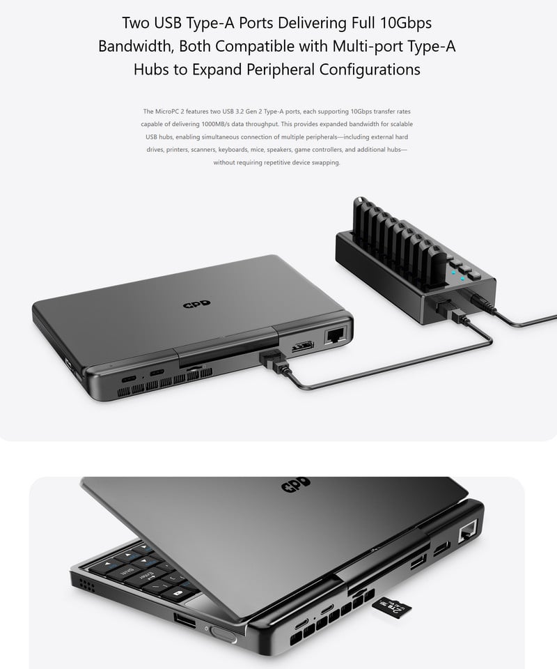 Laptop bỏ túi mini GPD MicroPC 2 7inch, Win11, RAM 16GB, SSD 512GB, chơi game AAA