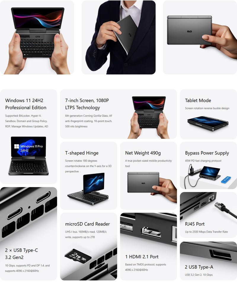 Laptop bỏ túi mini GPD MicroPC 2 7inch, Win11, RAM 16GB, SSD 512GB, chơi game AAA