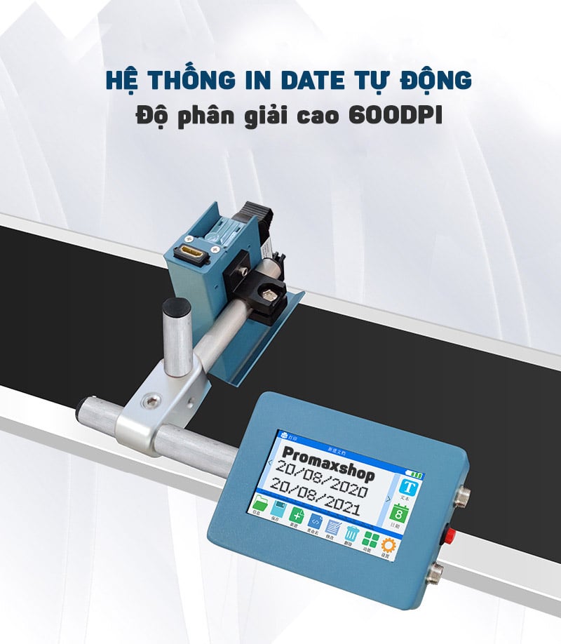 Hệ thống in date tự động dùng băng tải Promax K600-600DPI  (Máy in, màn hình,băng chuyền, giá đỡ,cảm biến)