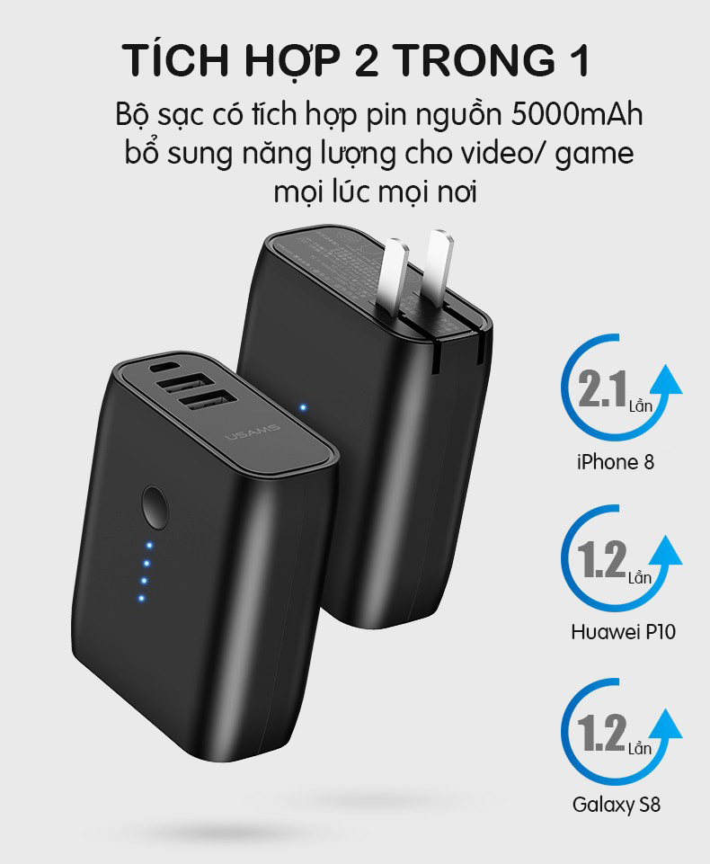 Bộ sạc tích hợp sạc pin dự phòng 5000 mAh USAM US-CD57 PB3 2 trong 1