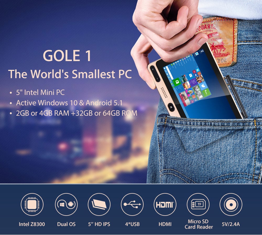 Mini PC máy tính bảng windows 10 /Android Gole One  5inch (Chip X5, Ram 4G, SSD 64G, RJ45, 5 USB)