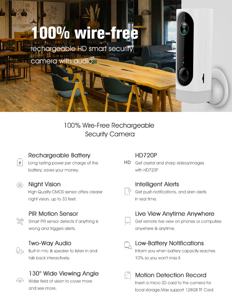 Camera IP không dây wifi dùng pin chống thấm nước IP65 H.264 CCTV PIR