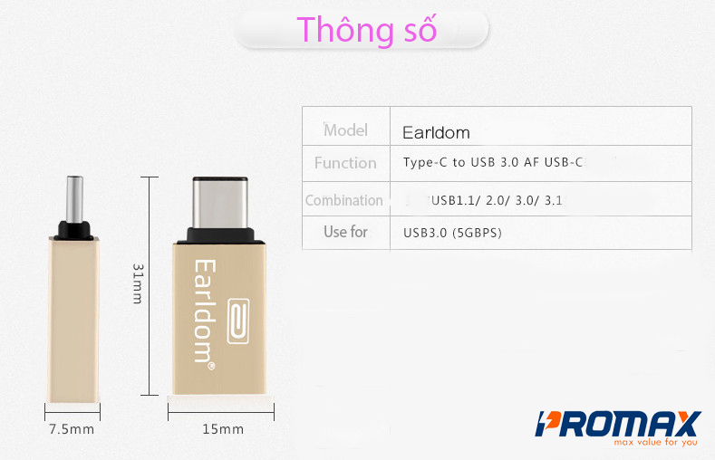 OTG chuyển đổi Type C sang USB 3.0 Fullsize hiệu Earldom