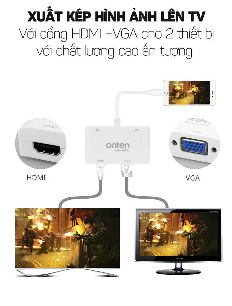 Cáp xuất hình ảnh, video HDMI/VGA chất lượng cao từ đầu Lightning sang TV Onten OTN-7585