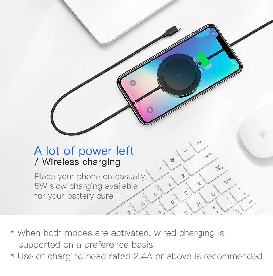 Cáp sạc tích hợp sạc không dây Baseus Wireless Charge Lightning Cable cho iPhone 8/ iPX/ XS/ RX / iP XS Max, Samsung S9/N9 (2.4A, 1.2m,5W Wireless Charger)