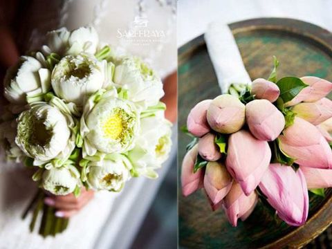 Hoa cưới đẹp – Hoa cưới cầm tay dáng dài kết hoa sen nền nã
