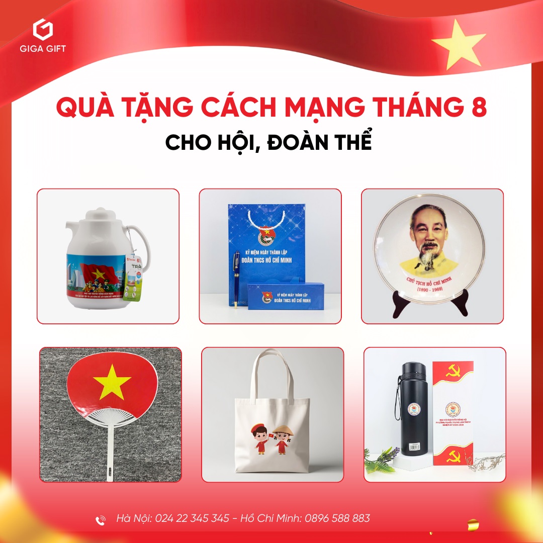 Áo thun, huy hiệu, nón, lỹ giữ nhiệt, set quà mừng ngày Cách mạng tháng 8