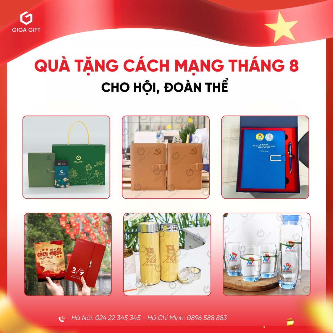 Áo thun, huy hiệu, nón, lỹ giữ nhiệt, set quà mừng ngày Cách mạng tháng 8