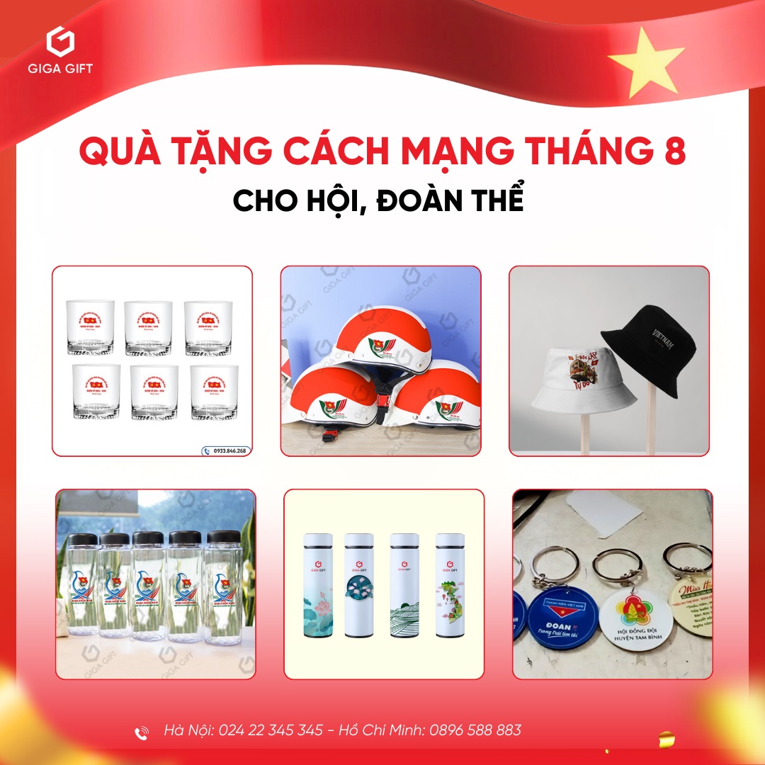 Áo thun, huy hiệu, nón, lỹ giữ nhiệt, set quà mừng ngày Cách mạng tháng 8