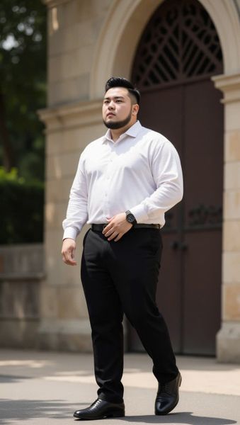 Một người đàn ông có thân hình ngoại cỡ, mặc quần âu đen big size kết hợp với áo sơ mi trắng, đứng tạo dáng tự tin.