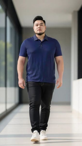 Người mẫu nam mặc set đồ big size: Áo polo xanh navy trơn, quần jean big size