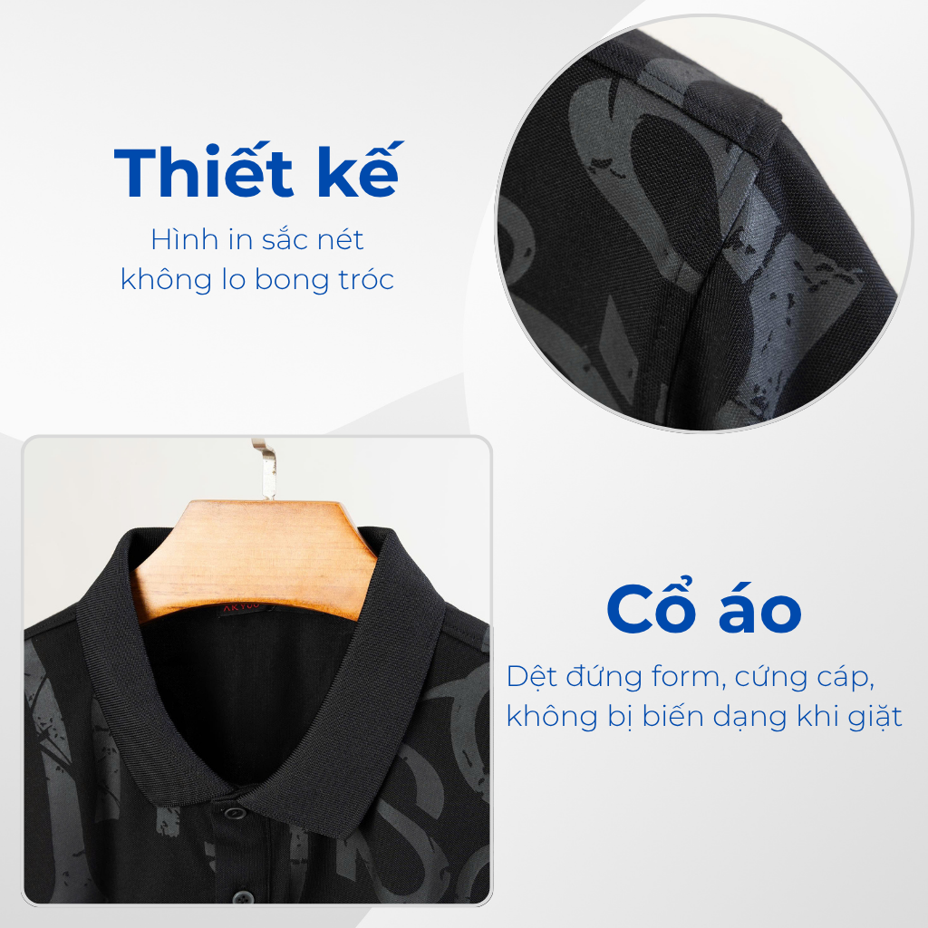 Mô tả chi tiết áo polo đen in a7 big size nam Akyoo