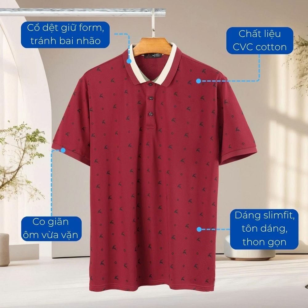 Mô tả chi tiết áo polo đỏ họa tiết big size nam Akyoo