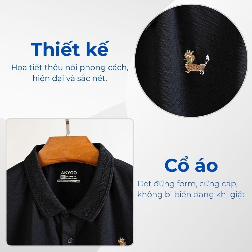Mô tả chi tiết áo polo đen họa tiết big size nam Akyoo